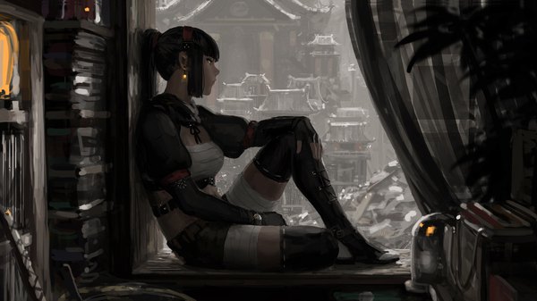 Anime picture 4096x2306 with original guweiz single long hair fringe highres blue eyes black hair wide image sitting payot looking away absurdres full body bent knee (knees) ponytail indoors blunt bangs profile blurry