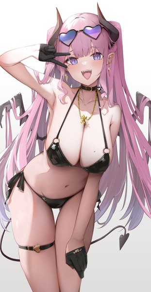 Anime picture 2800x5400 with original hukahire0120 single long hair tall image looking at viewer blush fringe highres breasts open mouth light erotic simple background smile large breasts standing purple eyes pink hair tail blunt bangs