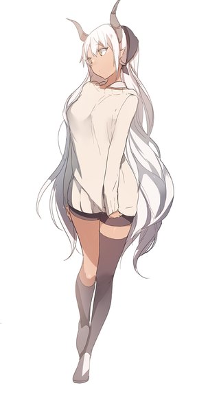 Anime picture 456x901 with original lpip single long hair tall image fringe breasts simple background standing white background yellow eyes looking away full body white hair head tilt horn (horns) pointy ears dark skin walking asymmetrical clothes