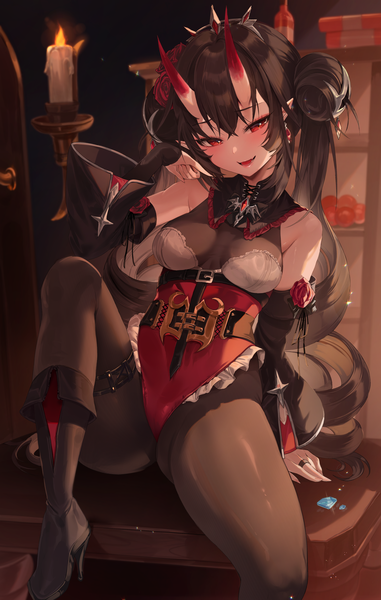 Anime picture 2600x4093 with original zerocat single long hair tall image looking at viewer fringe highres breasts open mouth light erotic black hair smile hair between eyes red eyes standing sitting twintails bare shoulders head tilt
