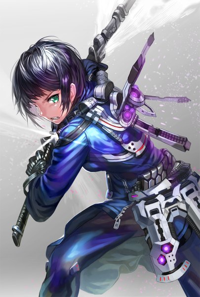 Anime picture 688x1019 with original kfr single tall image looking at viewer short hair open mouth black hair green eyes fighting stance mecha musume girl gloves weapon sword
