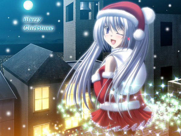Anime picture 1600x1200 with one eye closed wink night fur trim christmas fur moon santa claus costume