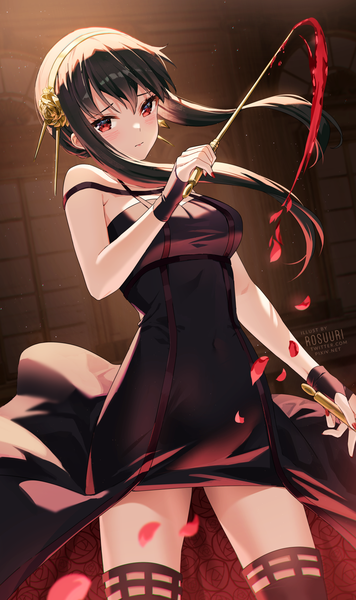 Anime picture 1000x1686 with spy x family yor briar rosuuri single long hair tall image looking at viewer blush fringe breasts black hair hair between eyes red eyes standing bare shoulders holding signed payot nail polish arm up