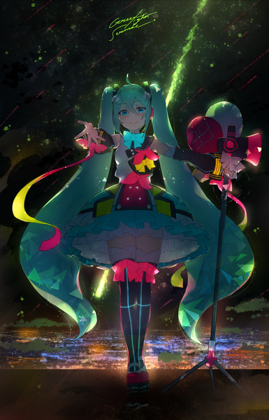 Anime picture 1027x1599 with vocaloid magical mirai (vocaloid) hatsune miku magical mirai miku magical mirai miku (2018) mika pikazo single tall image looking at viewer blush fringe smile hair between eyes standing twintails holding signed payot full body ahoge