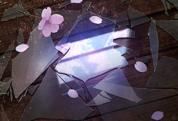 Anime picture 1100x751 with original mocha (cotton) sky reflection no people broken glass flower (flowers) petals