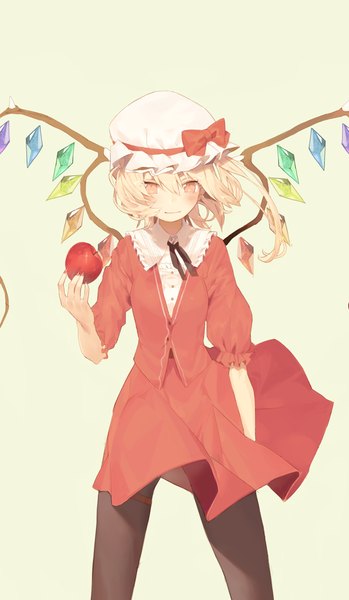 Anime picture 678x1165 with touhou flandre scarlet kitada mo single long hair tall image looking at viewer blush simple background blonde hair red eyes fingernails one side up long fingernails girl skirt bow pantyhose wings bonnet