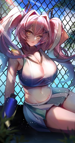 Anime picture 800x1517 with azur lane bremerton (azur lane) bremerton (scorching-hot training) (azur lane) kuroha (rockluo213) single long hair tall image looking at viewer fringe breasts light erotic hair between eyes large breasts sitting twintails yellow eyes pink hair cleavage pleated skirt mole