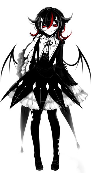 Anime picture 1700x3200 with touhou kijin seija sheya single tall image looking at viewer fringe short hair black hair simple background smile hair between eyes red eyes standing white background full body red hair horn (horns) wide sleeves monochrome
