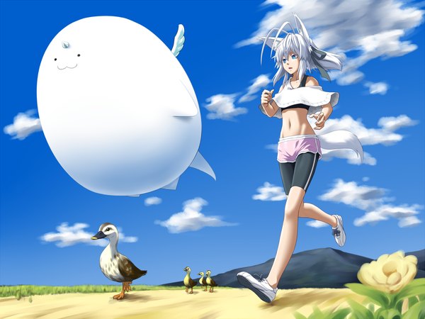 Anime picture 1440x1080 with original kentairui blue eyes animal ears sky white hair tail cat girl scenic :3 running girl egg duck
