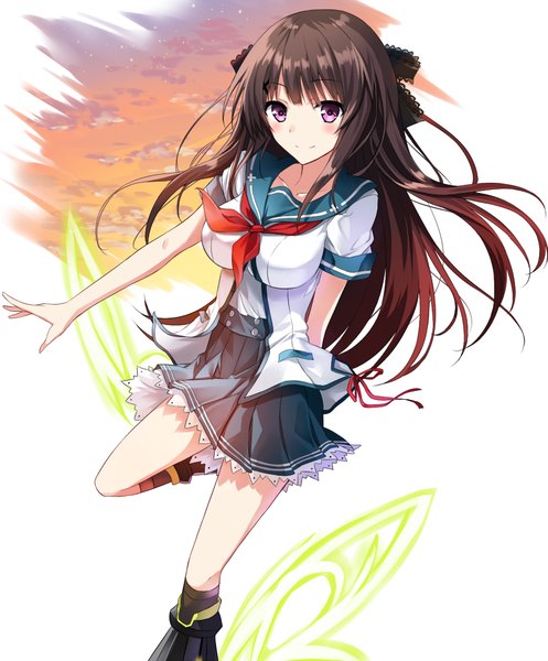 Anime picture 816x984 with ao no kanata no four rhythm sprite (company) tobisawa misaki tsuedzu single long hair tall image looking at viewer blush fringe simple background smile brown hair white background purple eyes sky cloud (clouds) bent knee (knees) flying arm behind back