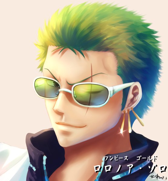 Anime-Bild 1748x1889 mit one piece one piece film: gold toei animation roronoa zoro yan xiao qi single tall image looking at viewer highres short hair simple background signed upper body one eye closed green hair light smile sparkle character names piercing hieroglyph