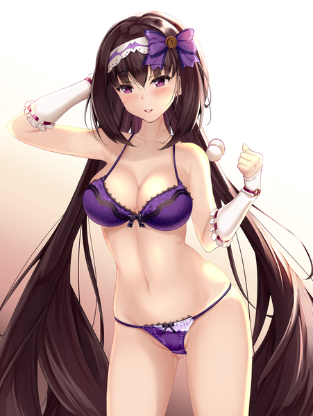 Anime picture 1505x2000 with fate (series) fate/grand order osakabe-hime (fate/grand order) fukuda shuushi single tall image looking at viewer blush fringe breasts light erotic simple background hair between eyes brown hair purple eyes twintails cleavage very long hair underwear only gradient background