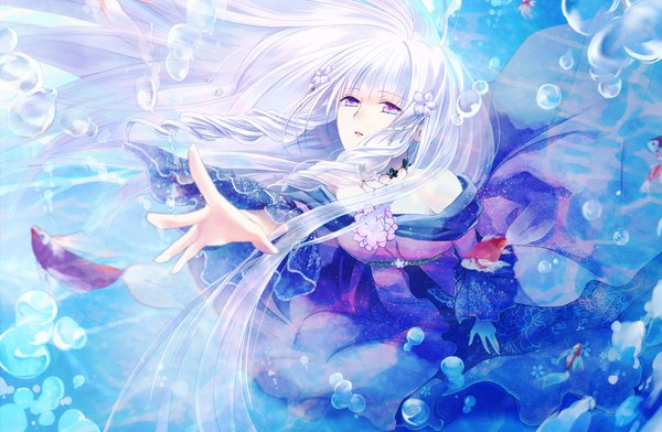 Anime picture 1125x736 with reine des fleurs violette (reine des fleurs) raiki single purple eyes looking away white hair very long hair parted lips hair flower off shoulder wide sleeves outstretched arm floral print drill hair pale skin underwater outstretched hand girl dress