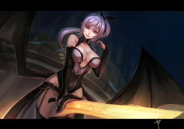 Anime picture 2480x1732 with original pixiv fantasia pixiv fantasia fallen kings bryanth single long hair looking at viewer highres breasts light erotic red eyes large breasts bare shoulders purple hair ponytail letterboxed girl dress bow weapon