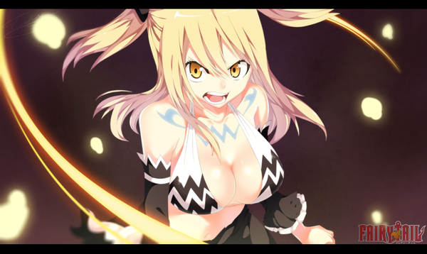 Anime picture 2000x1195 with fairy tail lucy heartfilia tempestdh single long hair highres breasts open mouth light erotic blonde hair wide image large breasts twintails yellow eyes inscription tattoo coloring angry screaming girl