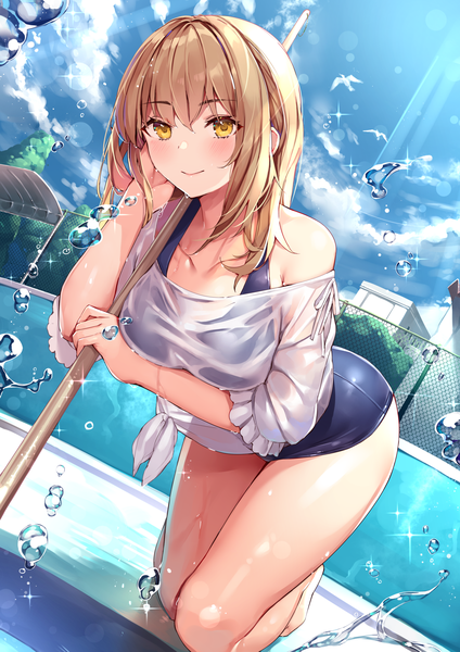 Anime picture 1500x2121 with original kaerunoko single long hair tall image looking at viewer blush fringe breasts light erotic blonde hair smile hair between eyes large breasts holding yellow eyes payot sky cloud (clouds) outdoors