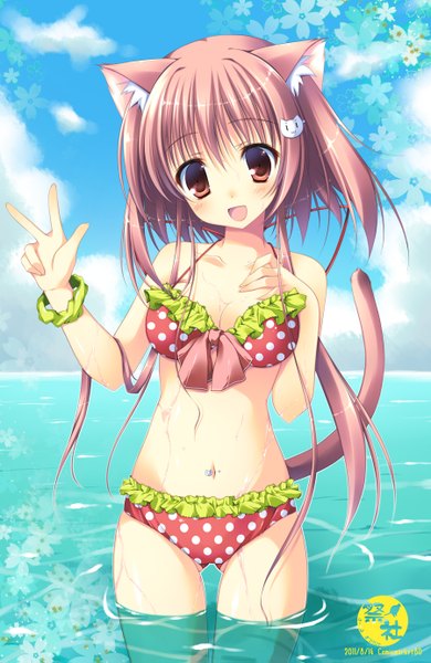 Anime picture 900x1383 with original nanaroba hana single tall image looking at viewer blush short hair open mouth light erotic red eyes animal ears pink hair tail animal tail cat ears cat girl cat tail girl navel swimsuit