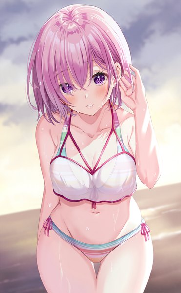 Anime-Bild 600x970 mit fate (series) fate/grand order mash kyrielight mash kyrielight (swimsuit of perpetual summer ver.02) harimoji single tall image looking at viewer blush short hair light erotic standing purple eyes purple hair outdoors parted lips arm up leaning leaning forward thighs