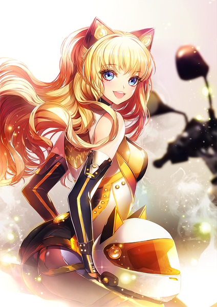 Anime picture 720x1018 with vocaloid seeu eu (euspia) eu single long hair tall image looking at viewer blush fringe breasts open mouth blue eyes blonde hair smile sitting animal ears ass :d blurry