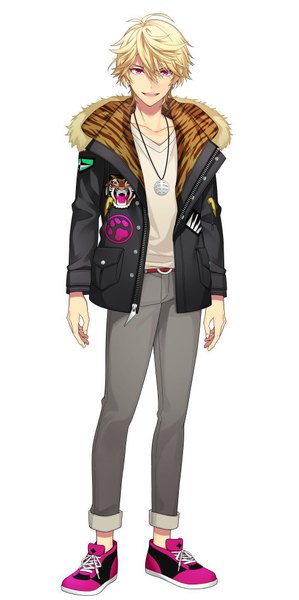 Anime picture 500x1003 with virtual youtuber natsuko (bluecandy) single tall image looking at viewer fringe short hair open mouth blonde hair simple background smile hair between eyes standing white background full body ahoge :d pink eyes open jacket fur trim