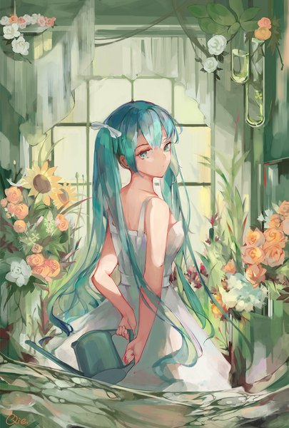 Anime picture 1080x1600 with vocaloid hatsune miku qie single long hair tall image looking at viewer twintails holding signed looking back aqua eyes aqua hair girl dress flower (flowers) white dress sundress watering can