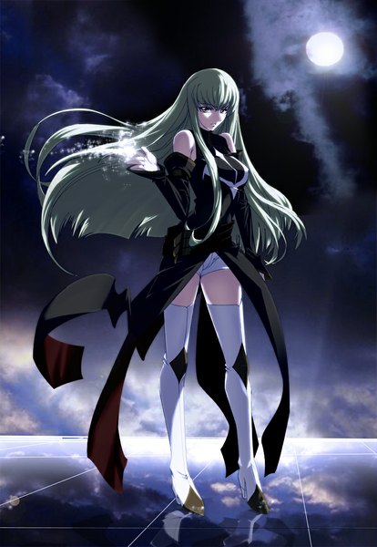 Anime picture 800x1159 with code geass sunrise (studio) c.c. tnonizyou long hair tall image looking at viewer fringe yellow eyes cloud (clouds) green hair night magic reflection girl detached sleeves moon thigh boots full moon