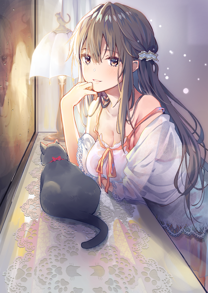 Anime picture 1254x1771 with original cocoa (cafe-hotcocoa) single long hair tall image looking at viewer blush fringe breasts open mouth smile hair between eyes brown hair large breasts standing brown eyes cleavage indoors off shoulder reflection