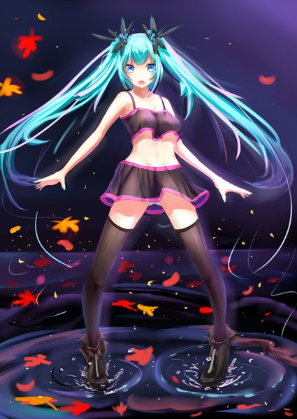 イラスト 2952x4169 と ボーカロイド 初音ミク roy (pixiv12676578) ソロ 長髪 長身像 カメラ目線 前髪 highres おっぱい 開いた口 青い目 light erotic 金髪 立つ ツインテール 全身 aqua eyes blurry bare belly