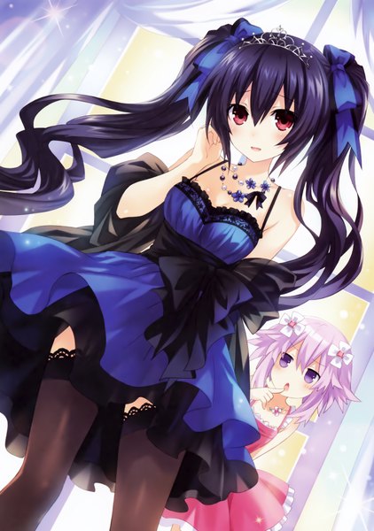 Anime picture 2816x4000 with choujigen game neptune noire neptune (choujigen game neptune) tsunako long hair tall image looking at viewer blush fringe highres short hair black hair hair between eyes red eyes twintails bare shoulders multiple girls payot looking away purple hair
