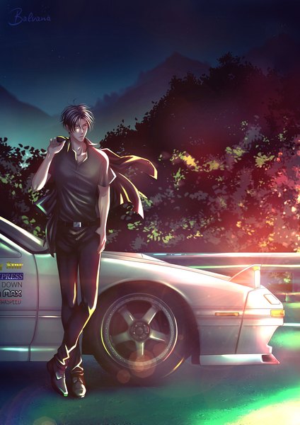 Anime picture 1488x2105 with initial d mazda mazda rx-7 takahashi ryousuke balvana single tall image short hair black hair standing signed looking away full body outdoors night mountain hand in pocket crossed legs (standing) boy ground vehicle