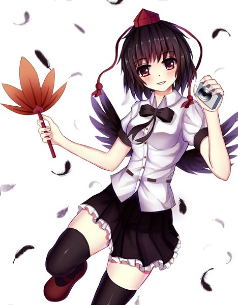 Anime picture 800x1024 with touhou shameimaru aya meng xiao jiong tall image blush short hair black hair simple background red eyes white background girl thighhighs skirt black thighhighs hat shirt wings feather (feathers) fan camera