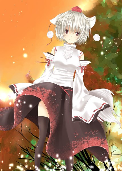 Anime picture 1268x1771 with touhou inubashiri momiji femto9 tall image short hair smile red eyes animal ears white hair animal tail girl thighhighs skirt black thighhighs hat detached sleeves