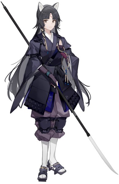 Anime picture 3309x5101 with arknights saga (arknights) luozhou pile single long hair tall image highres black hair simple background standing white background animal ears absurdres full body braid (braids) traditional clothes japanese clothes light smile grey eyes side braid