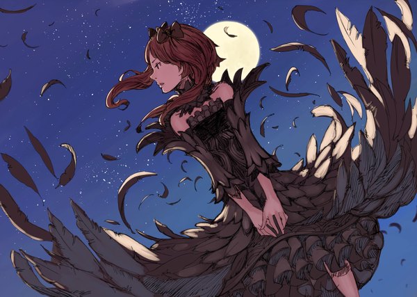 Anime picture 3444x2452 with original kansousamehada single long hair highres brown hair standing twintails bare shoulders looking away absurdres wind night night sky girl dress bow hair bow detached sleeves black dress