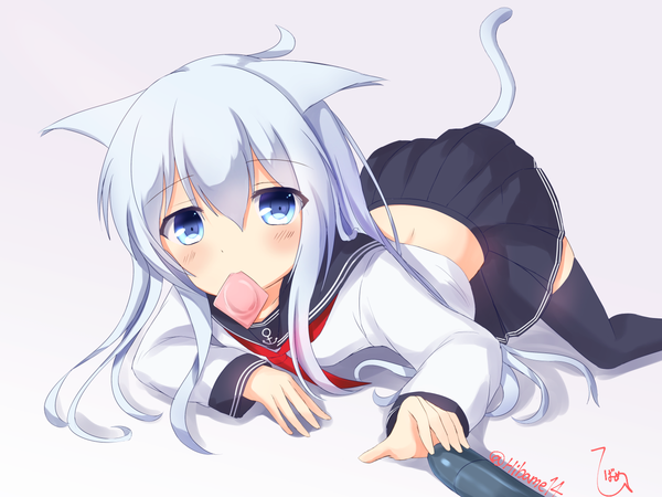 Anime picture 1333x1000 with kantai collection hibiki destroyer akabane hibame single long hair looking at viewer fringe blue eyes light erotic simple background animal ears silver hair tail animal tail cat ears cat tail kemonomimi mode no hat sexually suggestive condom in mouth