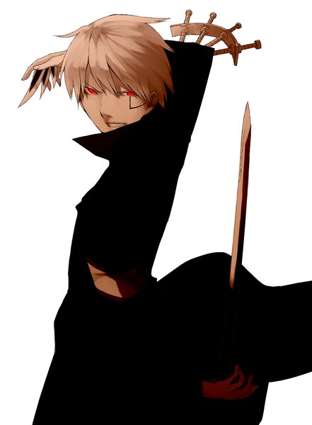 Anime picture 1250x1700 with hitogatana togusa (hitogatana) haruba negi single tall image short hair blonde hair simple background red eyes white background boy weapon sword katana cloak armband blade