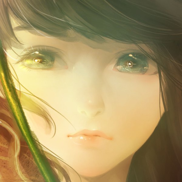 Anime picture 1393x1393 with original orry single long hair looking at viewer fringe brown hair green eyes looking away wind lips heterochromia shiny skin close-up face girl plant (plants)