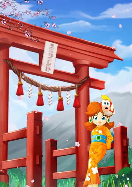 Anime picture 2039x2894 with super mario bros. princess daisy odzigner single long hair tall image looking at viewer fringe highres blue eyes signed sky cloud (clouds) outdoors traditional clothes japanese clothes orange hair hands behind back mask on head girl