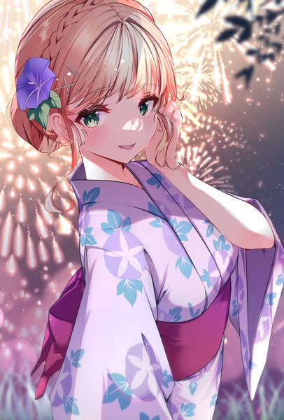 Anime picture 2654x3918 with original risumi (taka-fallcherryblossom) single tall image looking at viewer highres short hair open mouth green eyes upper body outdoors braid (braids) traditional clothes :d japanese clothes hair flower orange hair hair bun (hair buns) floral print adjusting hair