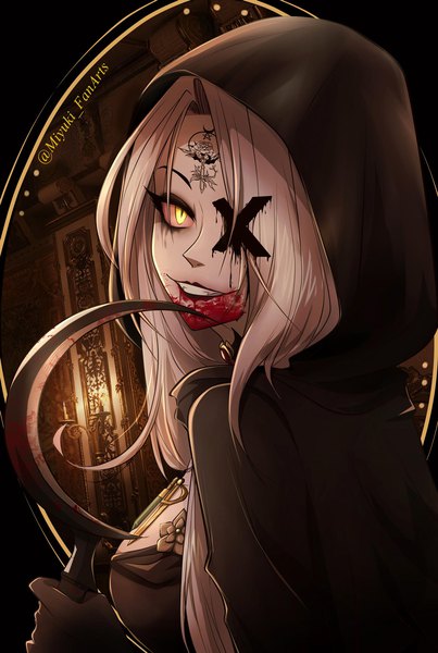 Anime picture 1280x1907 with hazbin hotel vaggie miyuki-fanarts single long hair tall image looking at viewer breasts smile large breasts signed yellow eyes upper body censored grey hair tattoo twitter username grin slit pupils blood on face