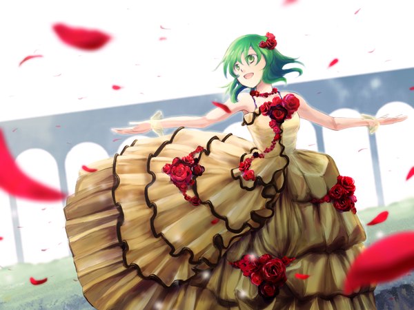 Anime picture 1600x1200 with vocaloid gumi kazashino single short hair open mouth smile green eyes hair flower green hair looking up spread arms dancing girl dress hair ornament flower (flowers) ribbon (ribbons) petals rose (roses)