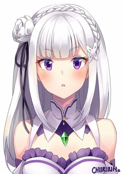 Anime picture 562x800 with re:zero kara hajimeru isekai seikatsu white fox emilia (re:zero) chiiririn single long hair tall image looking at viewer blush fringe open mouth simple background white background purple eyes bare shoulders signed white hair braid (braids) hair flower crown braid