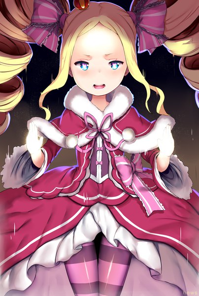 Anime picture 3500x5200 with re:zero kara hajimeru isekai seikatsu white fox beatrice (re:zero) hews single long hair tall image looking at viewer blush highres open mouth blonde hair twintails absurdres loli drill hair symbol-shaped pupils dark background girl dress