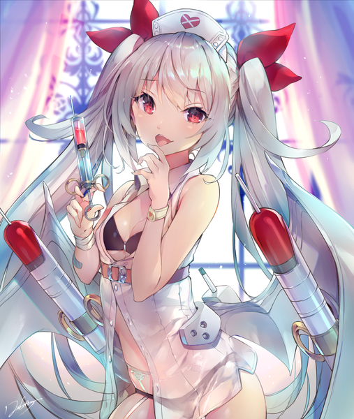 Anime picture 1384x1640 with azur lane vampire (azur lane) vampire (little devil in white) (azur lane) deecha single long hair tall image looking at viewer blush fringe breasts open mouth light erotic red eyes standing twintails bare shoulders holding signed payot