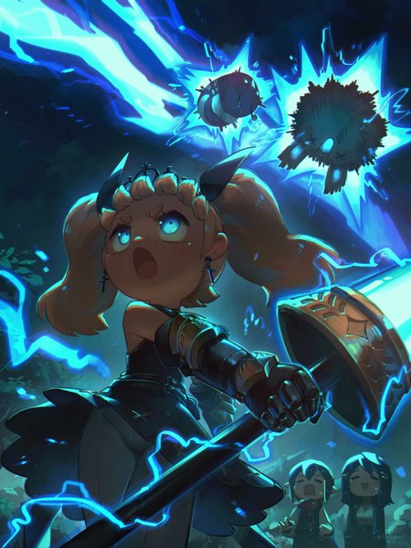 Anime picture 1875x2500 with original porforever tall image highres short hair open mouth blue eyes blonde hair twintails multiple girls signed blue hair eyes closed glowing dated looking up electricity girl boy weapon