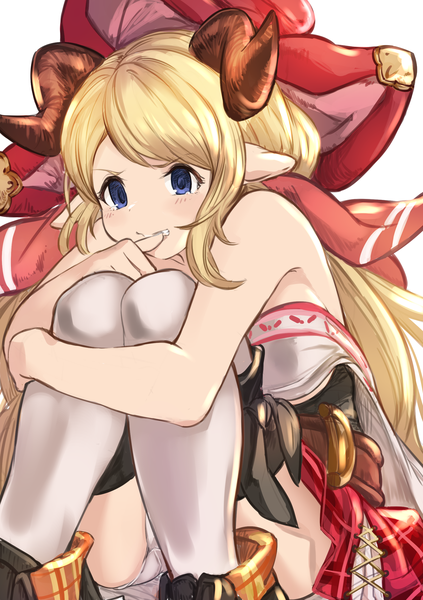 Anime picture 1748x2480 with granblue fantasy hallessena maou (maoudaisukiya) single long hair tall image looking at viewer blush fringe highres blue eyes light erotic simple background blonde hair white background sitting bare shoulders payot bent knee (knees) horn (horns)