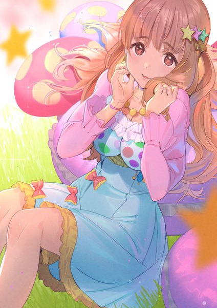 Anime picture 849x1200 with idolmaster idolmaster cinderella girls moroboshi kirari koyoi mitsuki single long hair tall image looking at viewer fringe brown hair sitting brown eyes from above girl dress hair ornament hairclip star (symbol) star hair ornament bolero