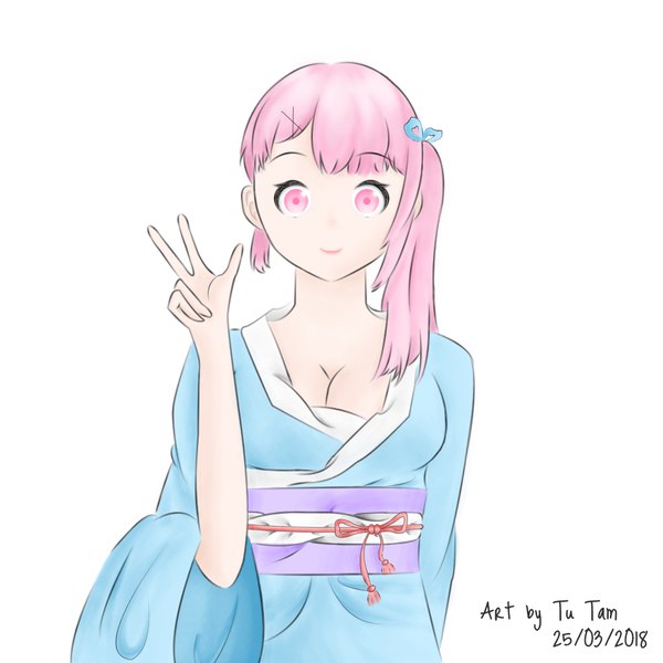 Anime picture 1000x1000 with original tu tam single long hair looking at viewer breasts simple background smile white background signed pink hair cleavage upper body traditional clothes japanese clothes pink eyes side ponytail dated victory girl