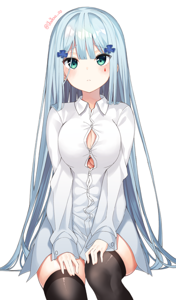 Anime picture 878x1500 with girls frontline hk416 (girls frontline) yaya (yayaa 00) single long hair tall image looking at viewer blush fringe breasts light erotic simple background large breasts white background sitting signed silver hair long sleeves aqua eyes twitter username