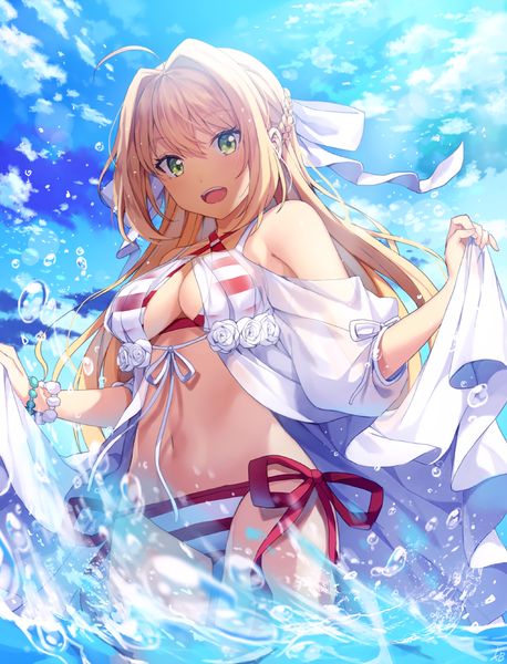 Anime picture 750x982 with fate (series) fate/grand order nero claudius (fate) (all) nero claudius (swimsuit caster) (fate) kim bae-eo single long hair tall image looking at viewer blush fringe breasts open mouth light erotic blonde hair smile hair between eyes standing holding green eyes